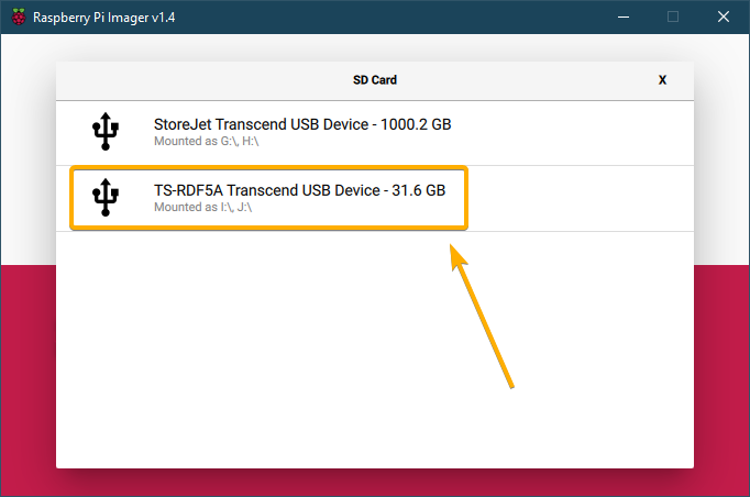 raspberry pi imager- click on the microsd